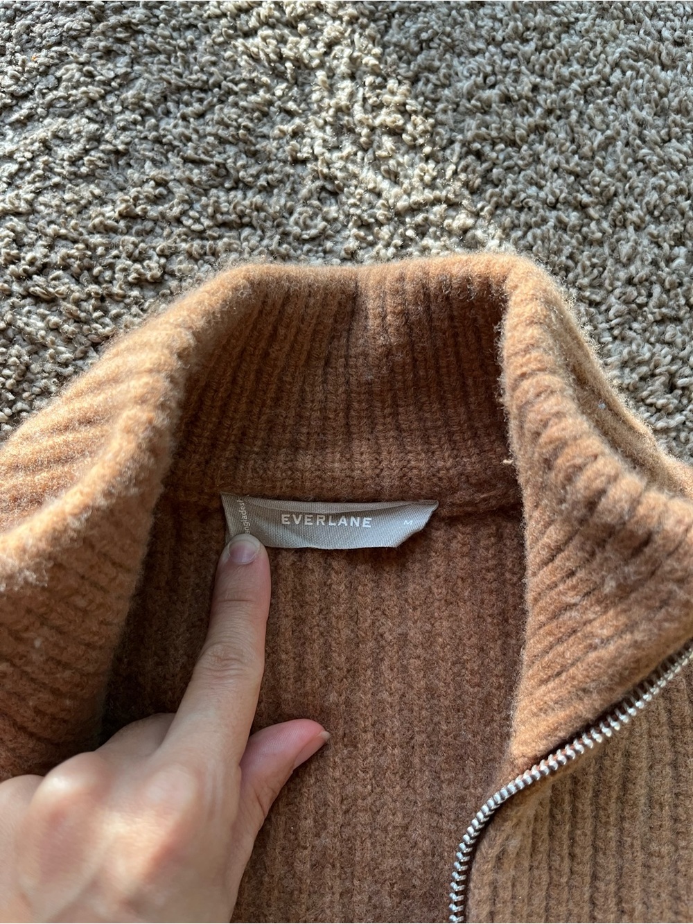 Everlane Ribbed Zip-Front Sweater Jacket in Camel Brown